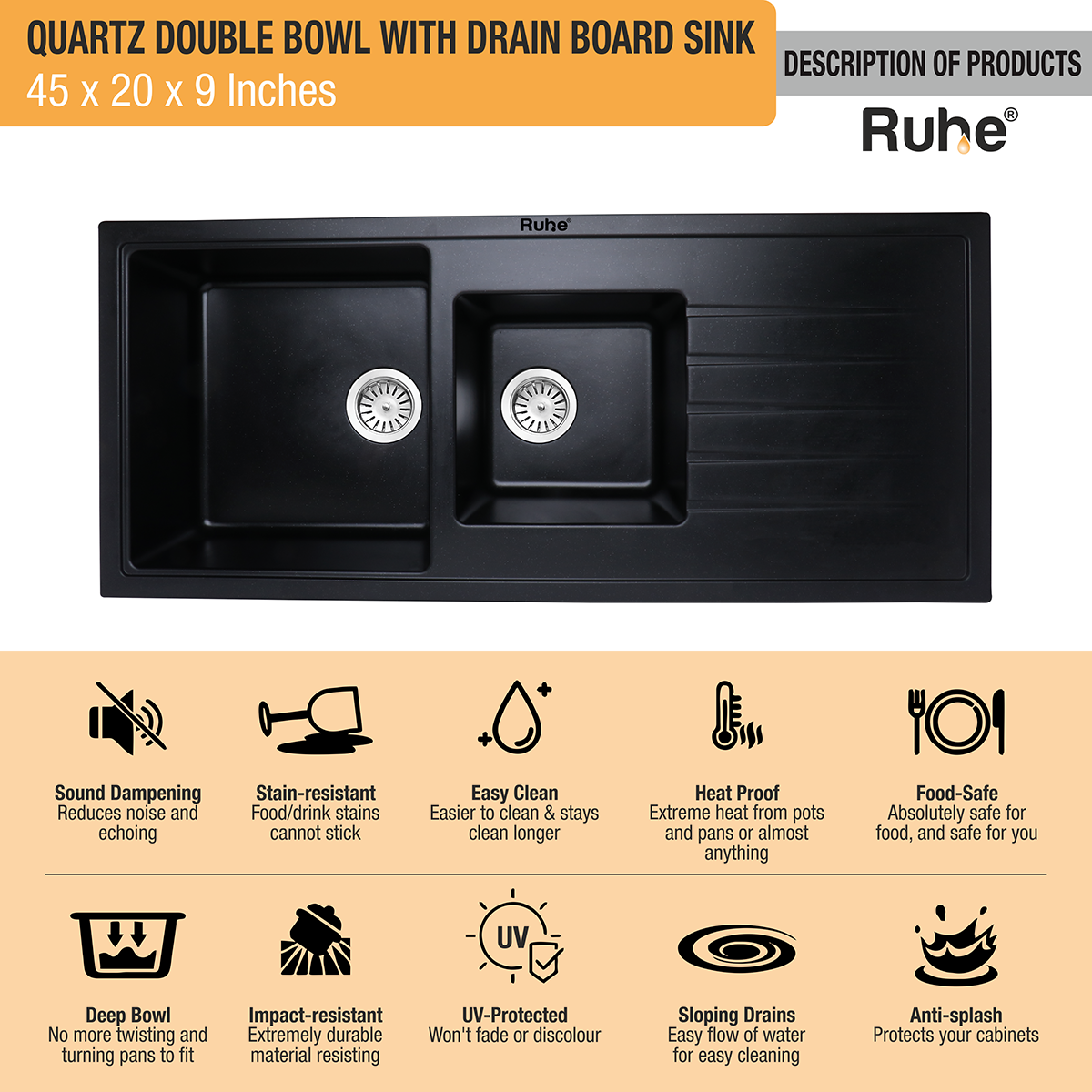 Quartz Double Bowl with Drainboard Kitchen Sink - Matte Black (45 x 20 x 9 inches) 3