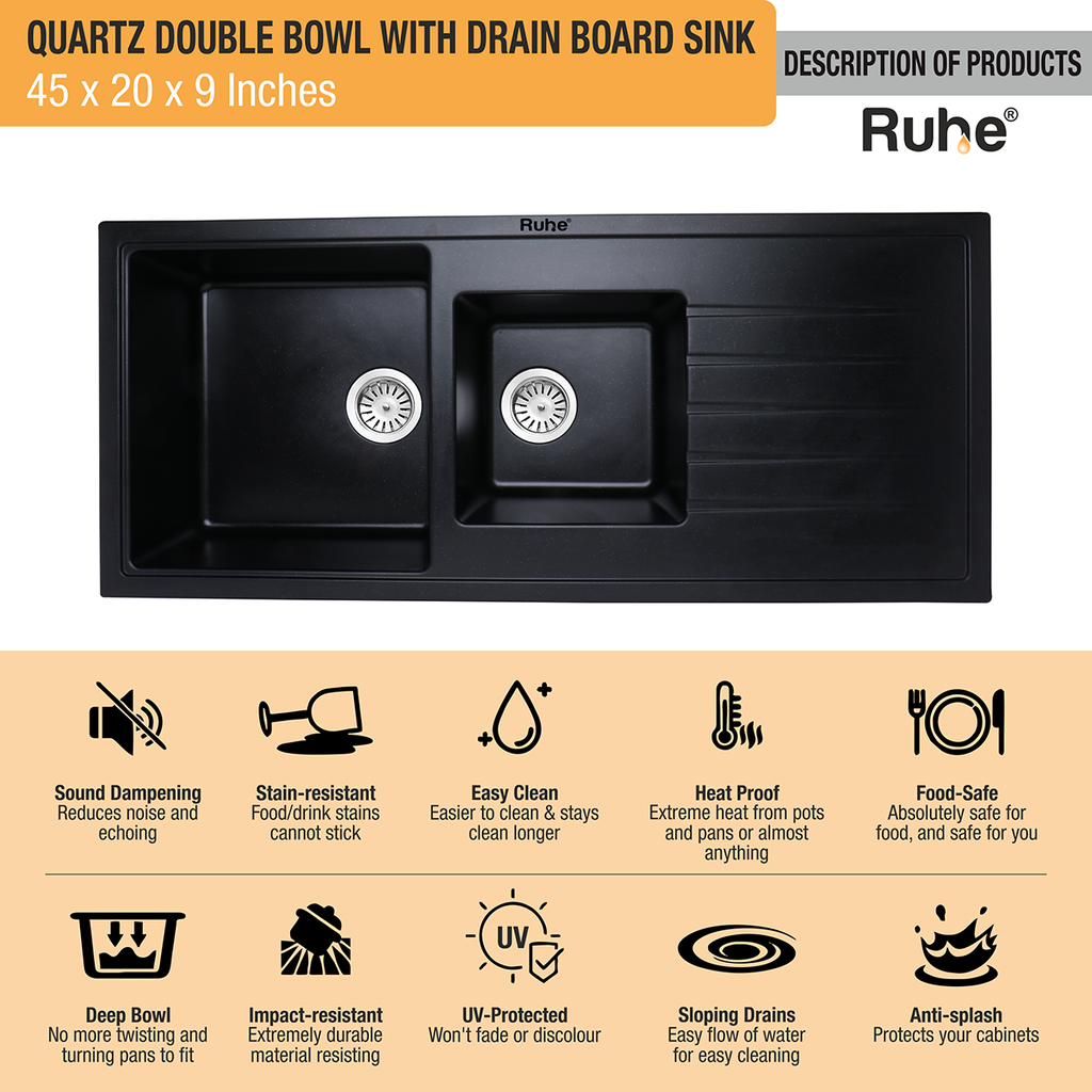 Quartz Double Bowl with Drainboard Kitchen Sink - Matte Black (45 x 20 ...