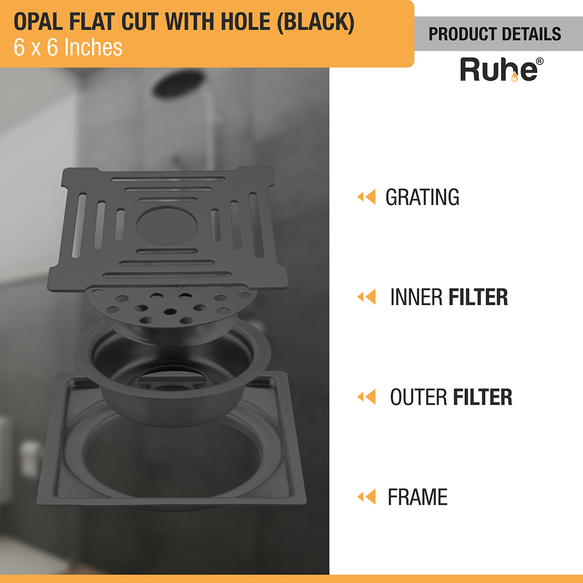 Opal Square Flat Cut Floor Drain in Black PVD Coating (6 x 6 Inches) with Hole - by Ruhe