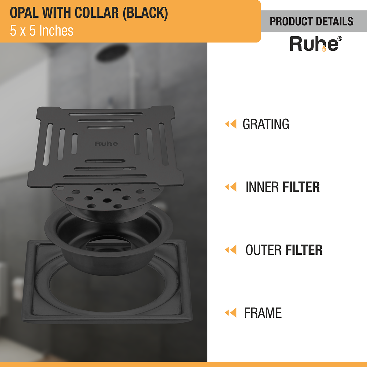 Opal Square 304-Grade Floor Drain in Black PVD Coating (5 x 5 Inches) - by Ruhe