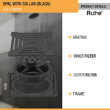 Opal Square 304-Grade Floor Drain in Black PVD Coating (5 x 5 Inches) with grating, inner filter, outer filter, frame