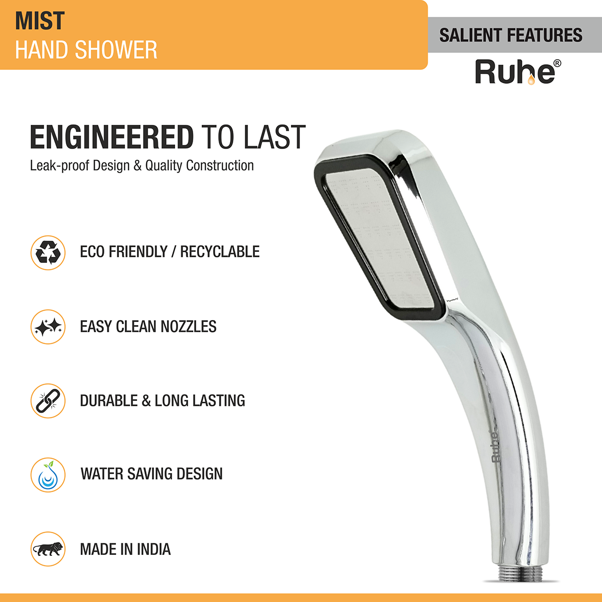 Mist ABS Hand Shower with Flexible Tube (304 Grade) and Hook features and benefits