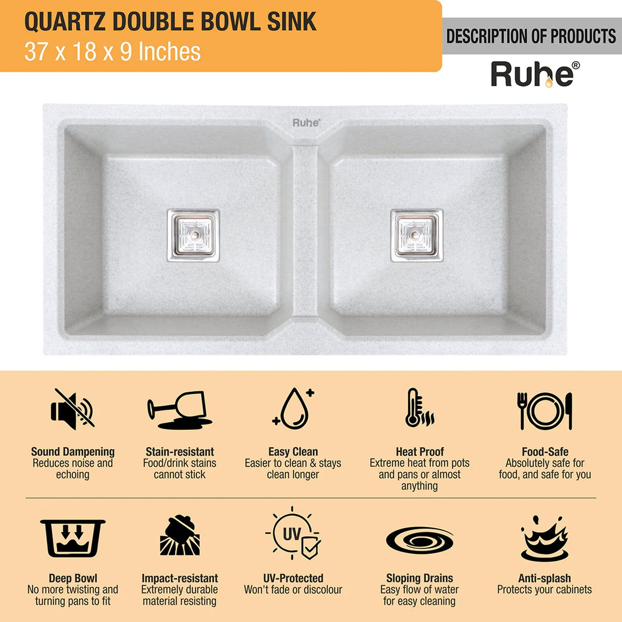 Quartz Double Bowl Kitchen Sink (37 x 18 x 9 Inches)