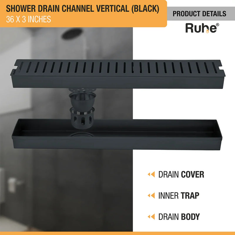 Vertical Shower Drain Channel (36 x 3 Inches) Black PVD Coated - by Ruhe