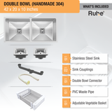 Handmade Double Bowl 304-Grade  Kitchen Sink (42 x 20 x 10 Inches) - by Ruhe