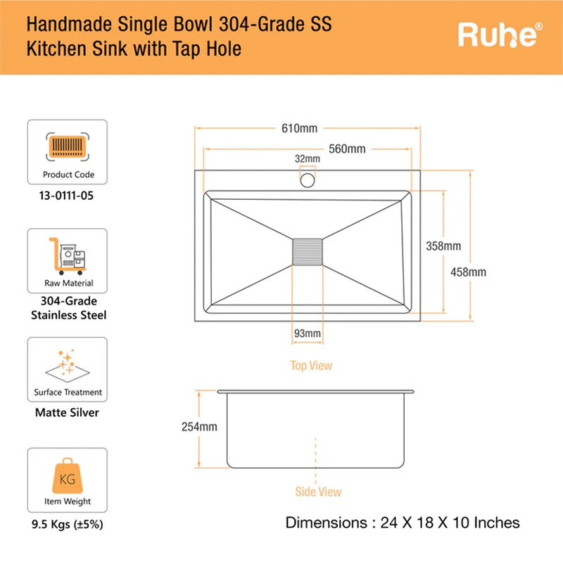 Handmade Single Bowl with Tap Hole Kitchen Sink (24 x 18 x 10 Inches)