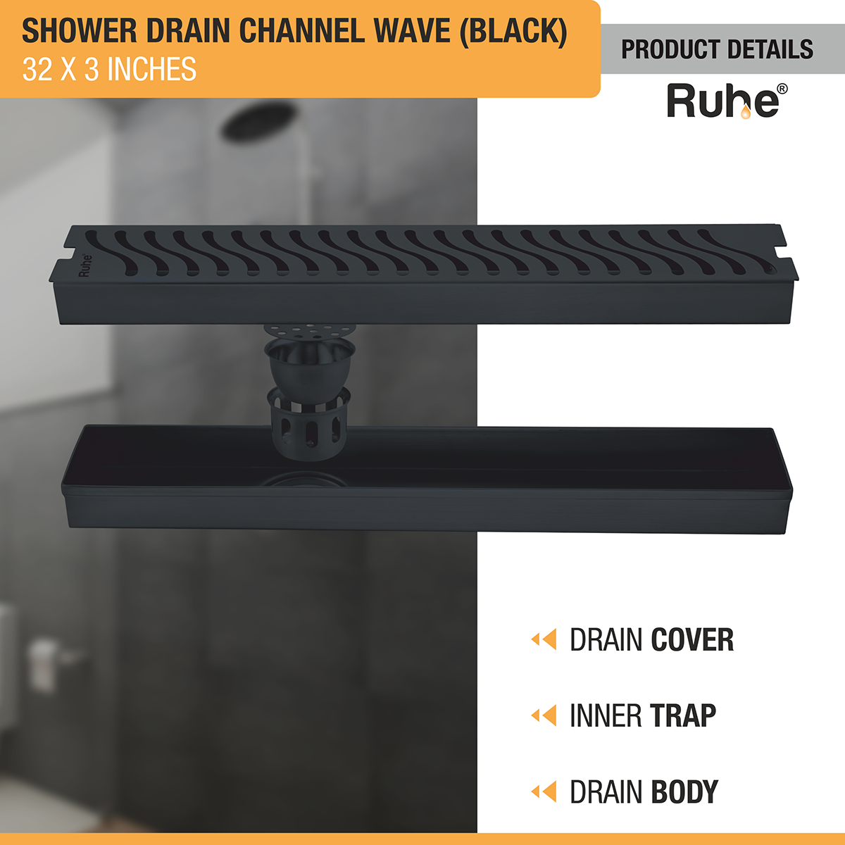 Wave Shower Drain Channel (32 x 3 Inches) Black PVD Coated - by Ruhe®