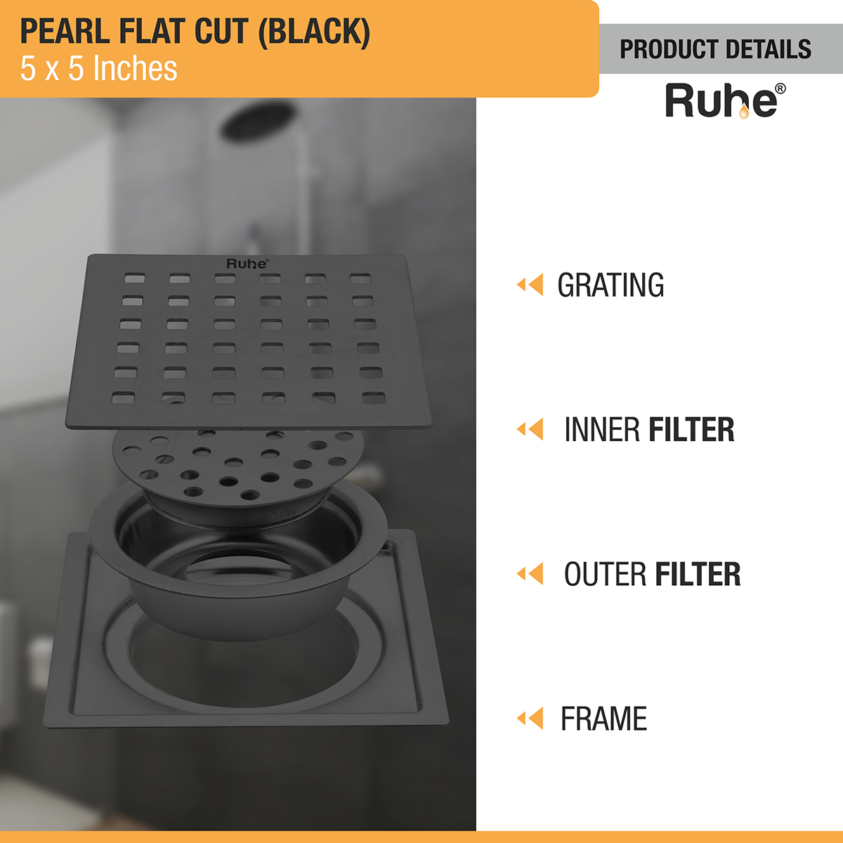 Pearl Square Flat Cut Floor Drain in Black PVD Coating (5 x 5 Inches) - by Ruhe