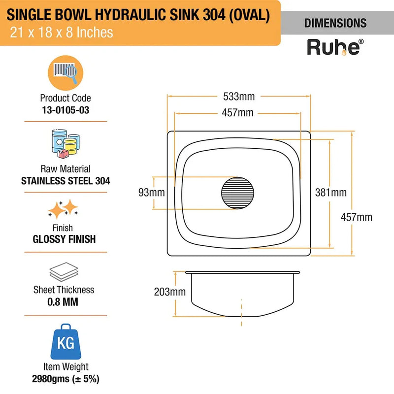Oval Single Bowl Kitchen Sink (21 x 18 x 8 Inches)(Dimensions)