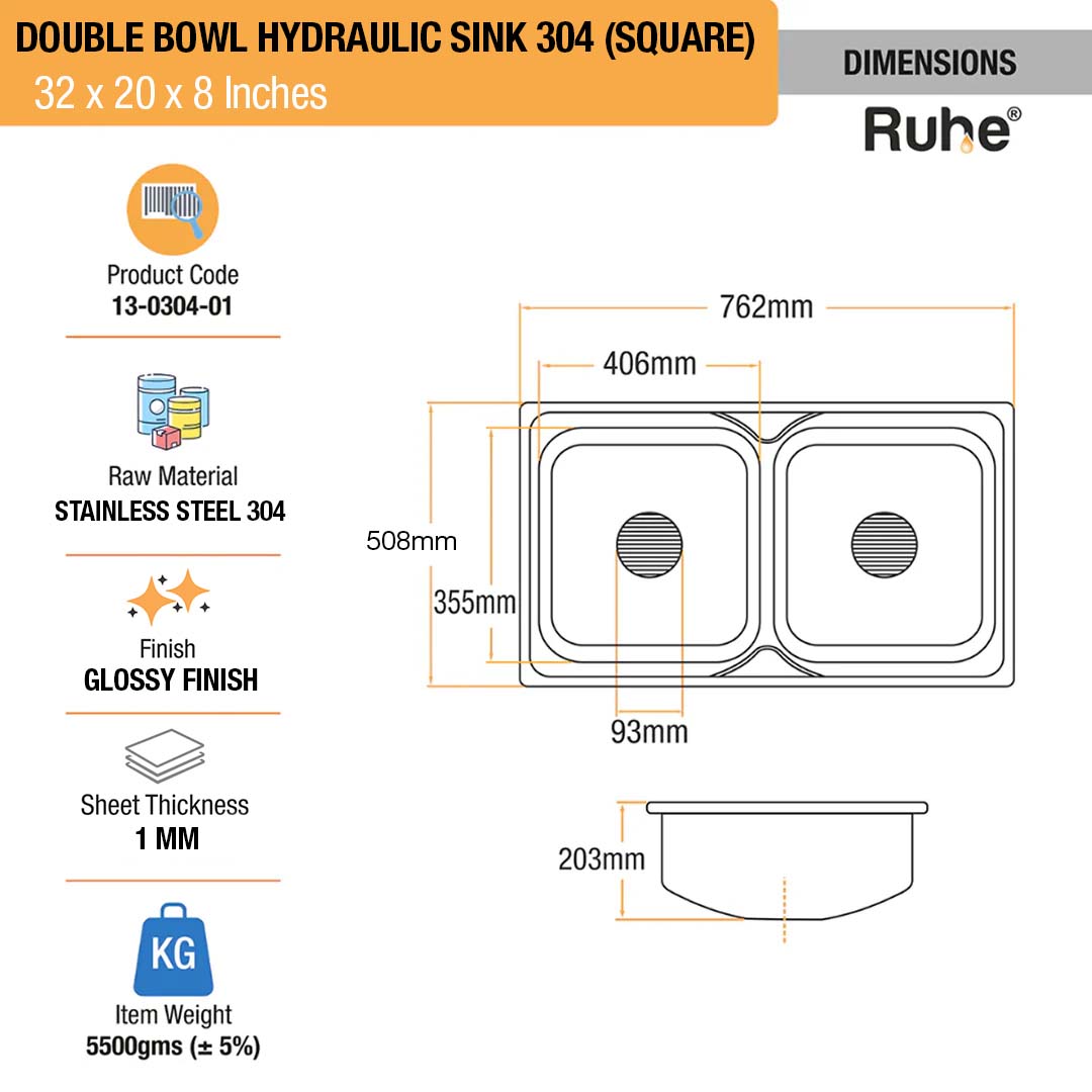 Square Double Bowl 304-Grade (32 x 20 x 8 inches) Kitchen Sink - by Ruhe