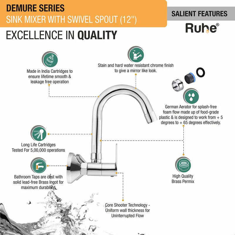 Demure Sink Mixer Brass Faucet with Small (12 inches) Round Swivel Spout - by Ruhe