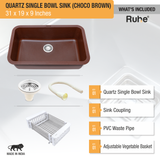 Choco Brown Quartz Single Bowl Kitchen Sink  (31 x 19 x 9 inches) - by Ruhe