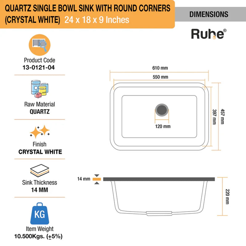 Quartz Single Bowl Round Kitchen Sink (24 x 18 x 9 Inches)