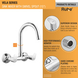 Vela Wall Mount Kitchen Sink Mixer Tap with Swivel Spout