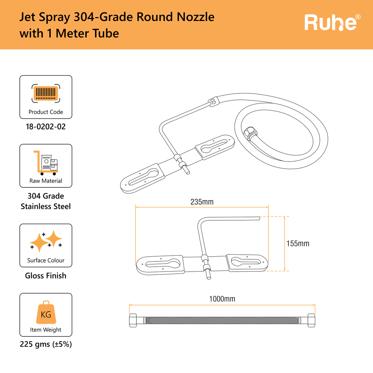 Jet Spray 304-Grade Round Nozzle with 1 Meter Tube