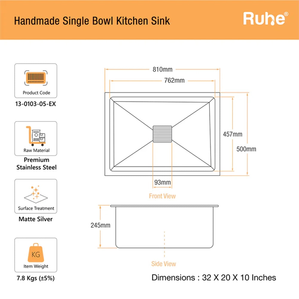 Handmade Stainless Steel Single Bowl Kitchen Sink (32 x 20 x 10 Inches)