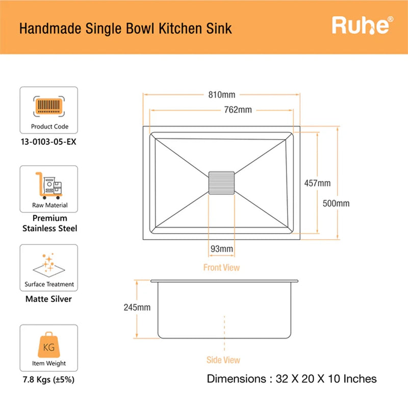 Handmade Single Bowl Kitchen Sink (32 x 20 x 10 Inches)