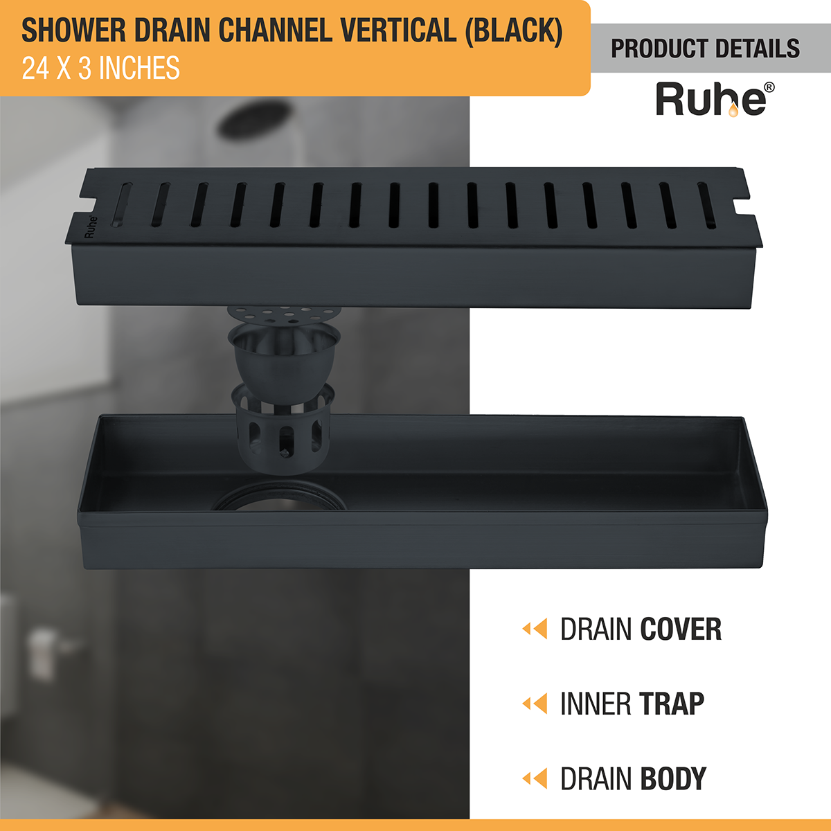 Vertical Shower Drain Channel (24 x 3 Inches) Black PVD Coated with drain cover, inner insect trap, drain body
