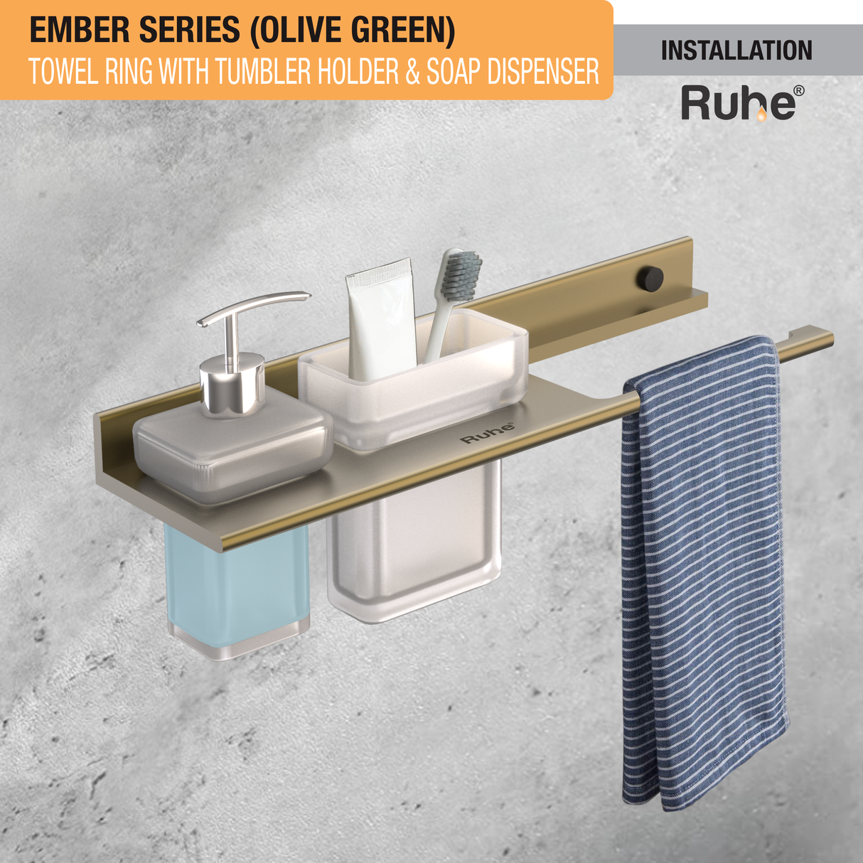 Ember Olive Green Towel Ring with Tumbler Holder & Soap Dispenser (Space Aluminium) - by Ruhe®