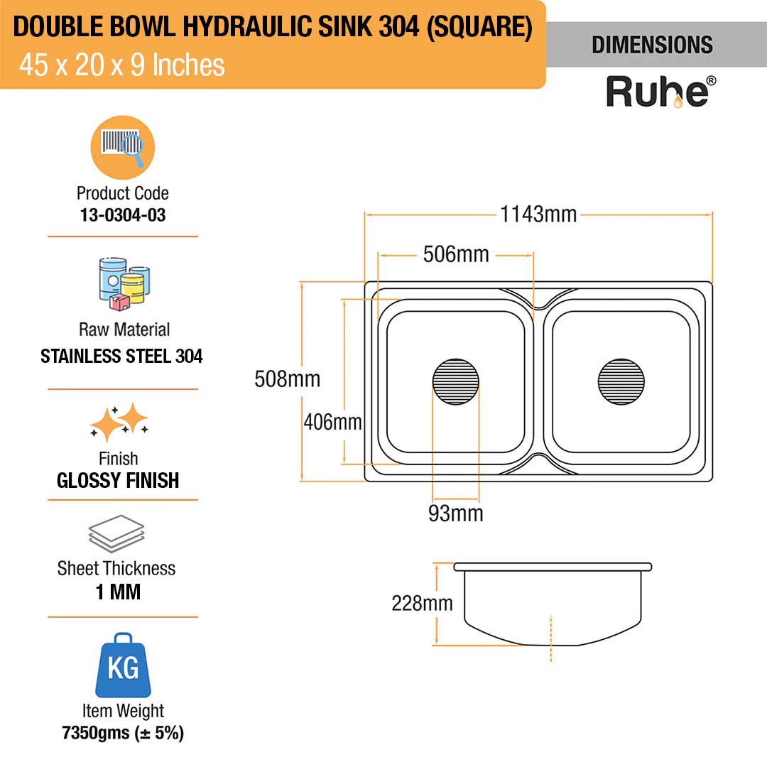 Square Double Bowl 304-Grade (45 x 20 x 9 Inches) Kitchen Sink - by Ruhe