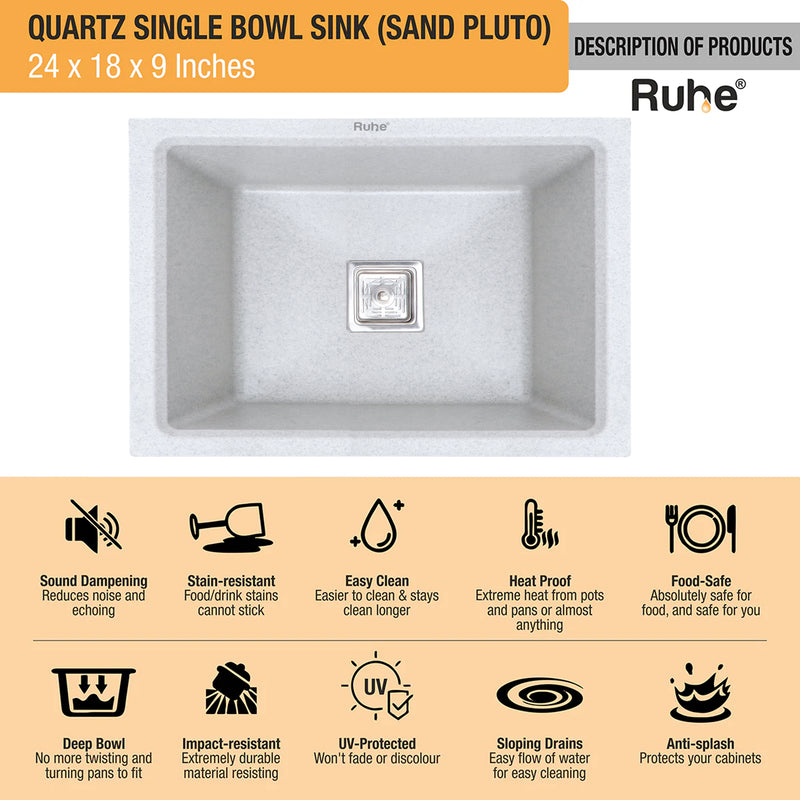 Quartz Single Bowl Kitchen Sink (24 x 18 x 9 Inches)