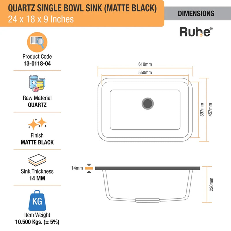 Quartz Single Bowl Round Kitchen Sink (24 x 18 x 9 Inches)