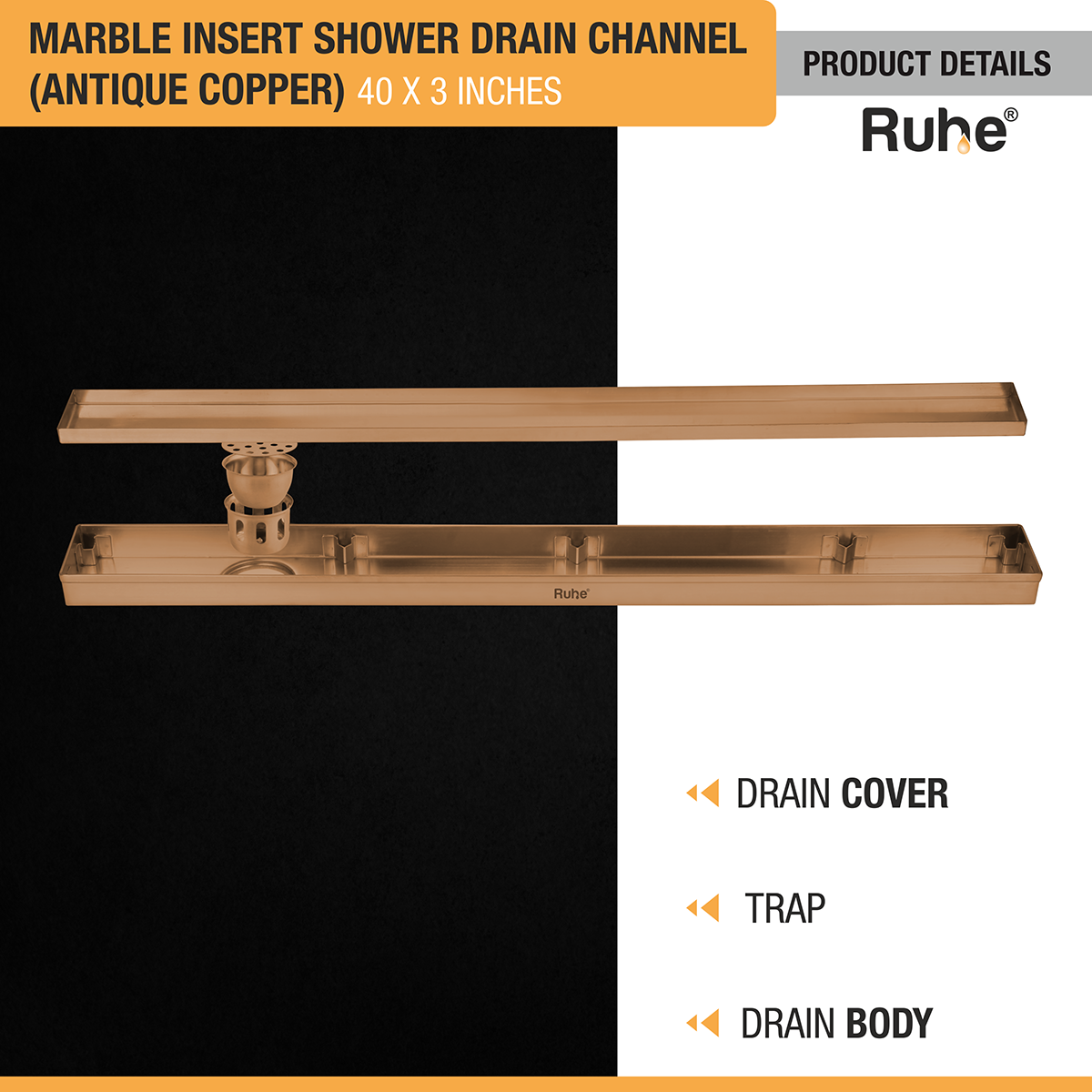 Marble Insert Shower Drain Channel (40 x 3 Inches) ROSE GOLD PVD Coated drain cover, trap, and drain body