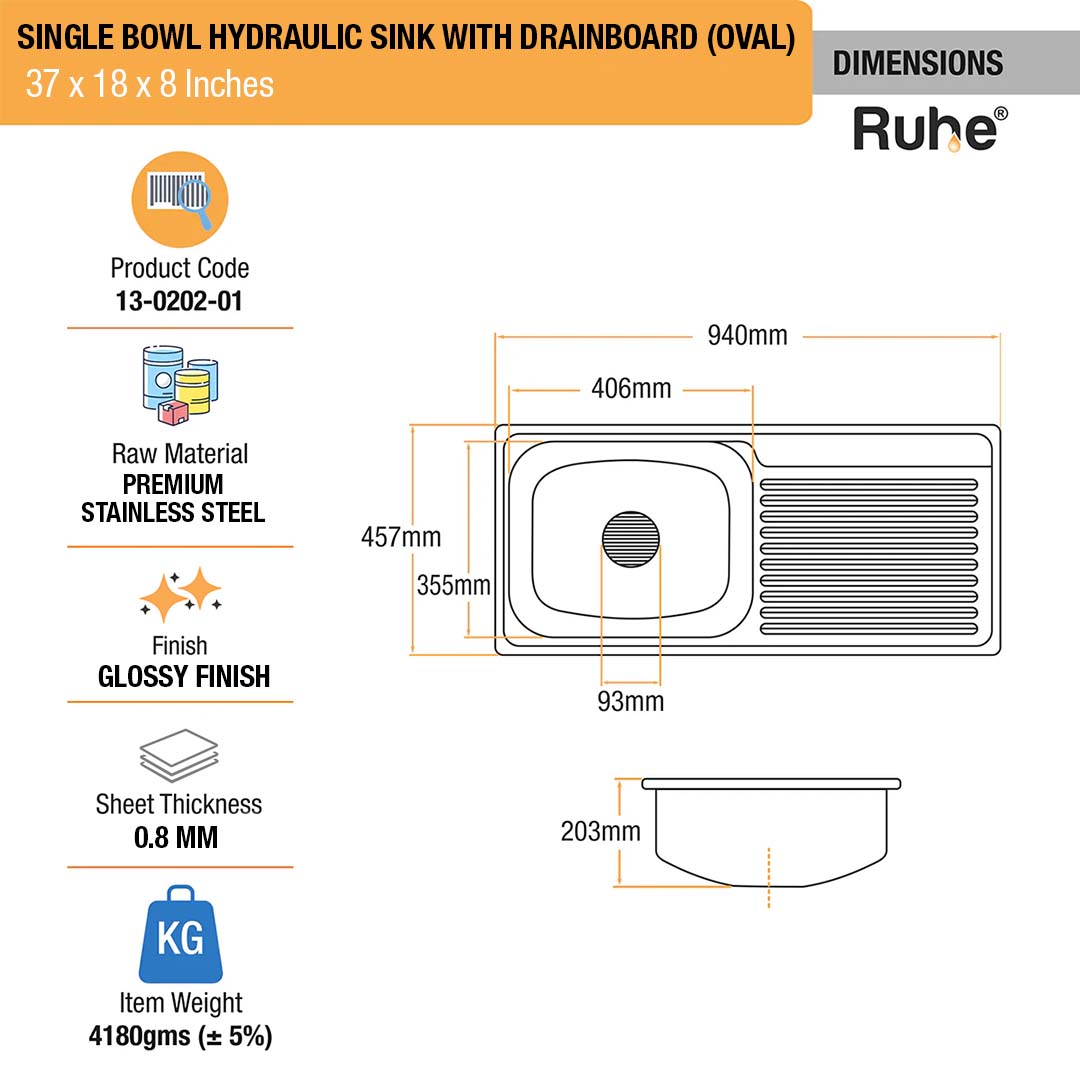 Oval Single Bowl with Drainboard (37 x 18 x 8 inches) Kitchen Sink - by Ruhe