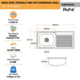 Oval Single Bowl with Drainboard (37 x 18 x 8 inches) Kitchen Sink - by Ruhe