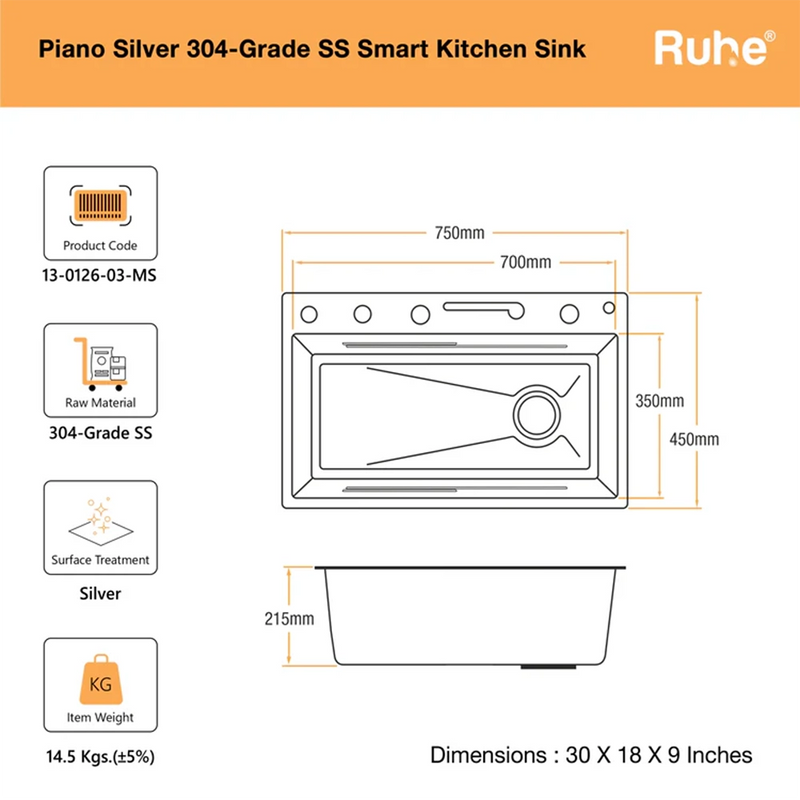 Piano Smart Kitchen Sink (30 x 18 x 9 Inches)