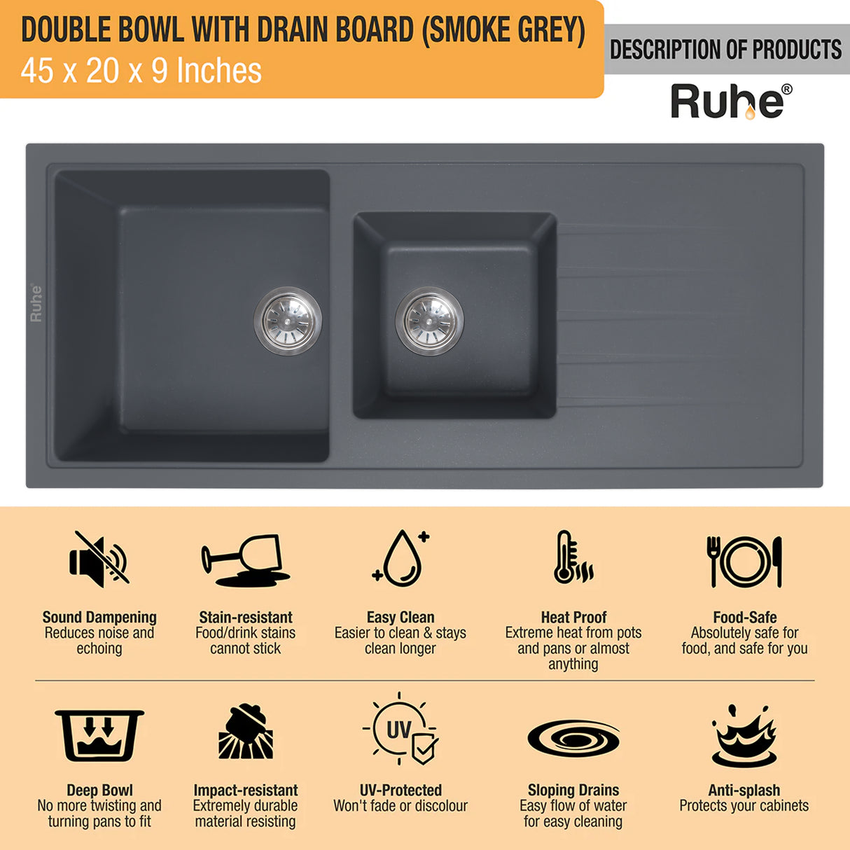 Quartz Double Bowl with Drainboard Kitchen Sink - Smoke Grey (45 x 20 x 9 inches) - by Ruhe