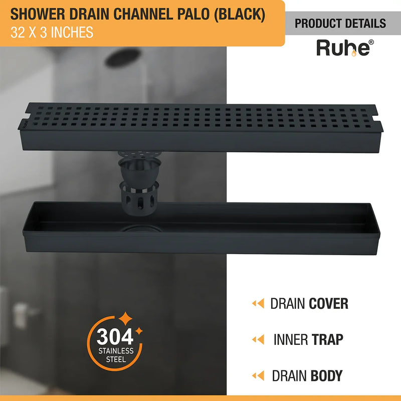 Palo Shower Drain Channel (32 x 3 Inches) Black PVD Coated - by Ruhe