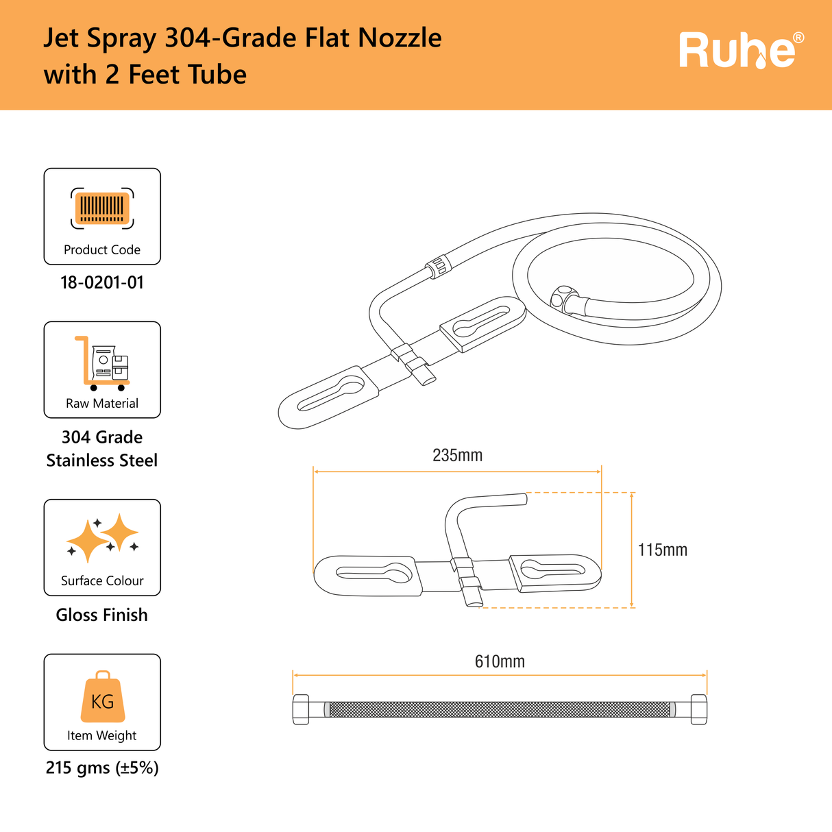 Jet Spray 304-Grade Flat Nozzle with 2 Feet Tube