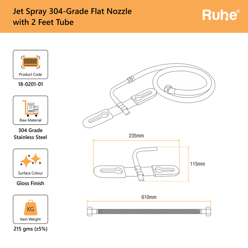 Jet Spray 304-Grade Flat Nozzle with 2 Feet Tube