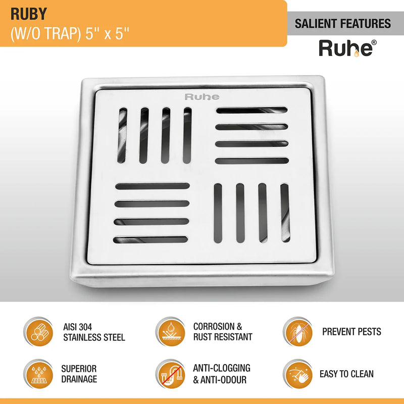 Ruby Square 304-Grade Floor Drain (5 x 5 Inches) - by Ruhe