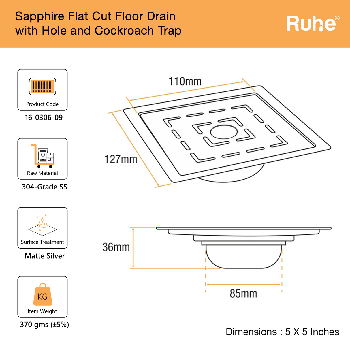 Sapphire Square Flat Cut Floor Drain
