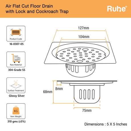 Air Flat Cut Floor Drain with Lock & Cockroach Trap