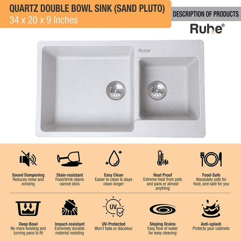Quartz Double Bowl Kitchen Sink (34 x 20 x 9 inches)