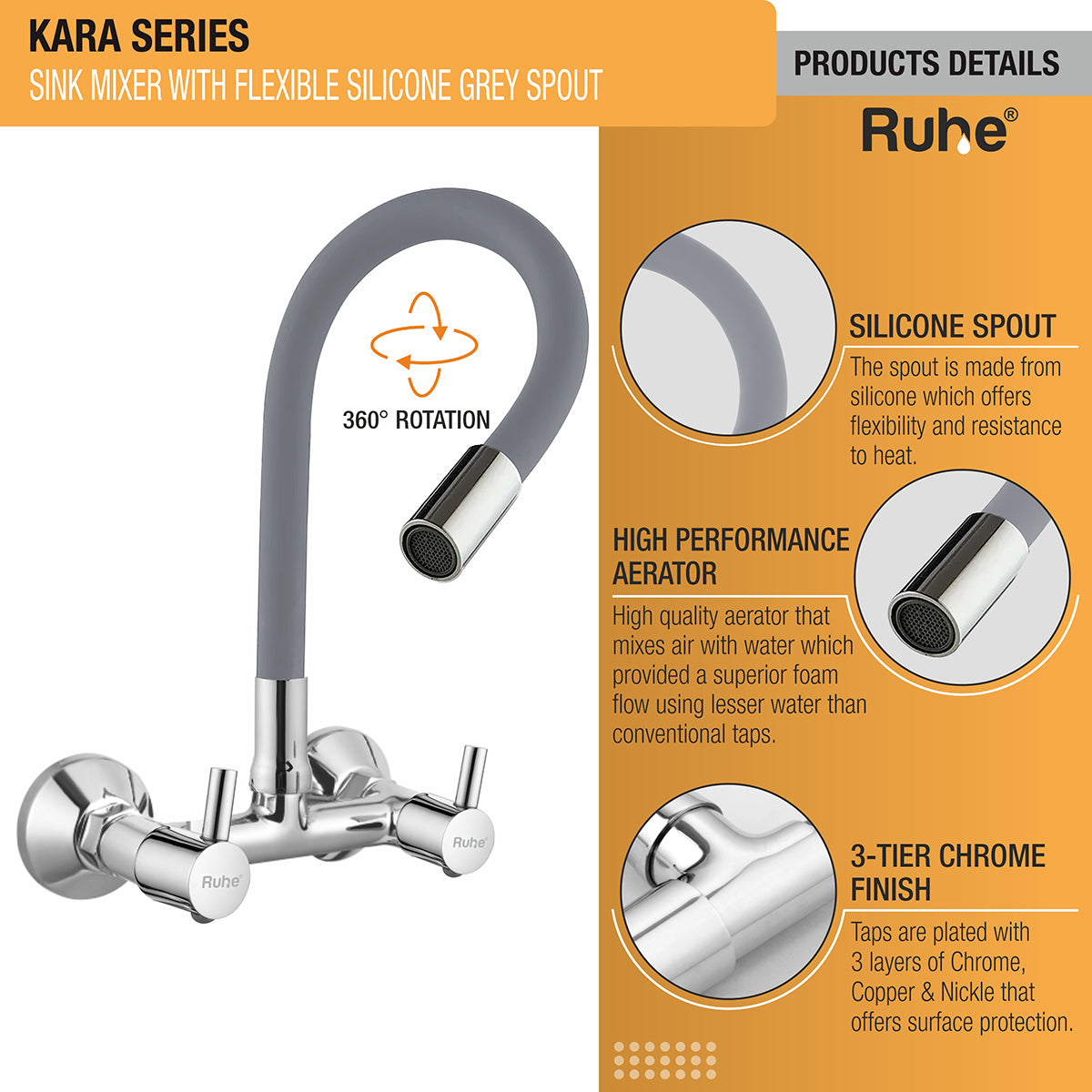 Kara Sink Mixer Brass Faucet with Silicone Grey Flexible Spout product details