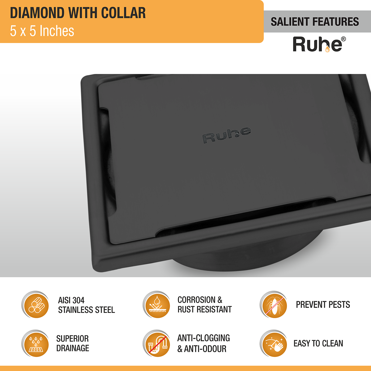 Diamond Square 304-Grade Floor Drain in Black PVD Coating (5 x 5 Inches) - by Ruhe