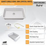 Crystal White Quartz Single Bowl Kitchen Sink  (31 x 19 x 9 inches) - by Ruhe