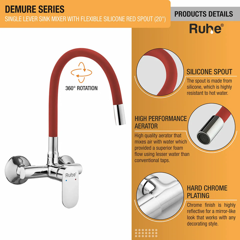Demure Single Lever Wall-mount Kitchen Sink Mixer Tap with Coloured Silicone Spout