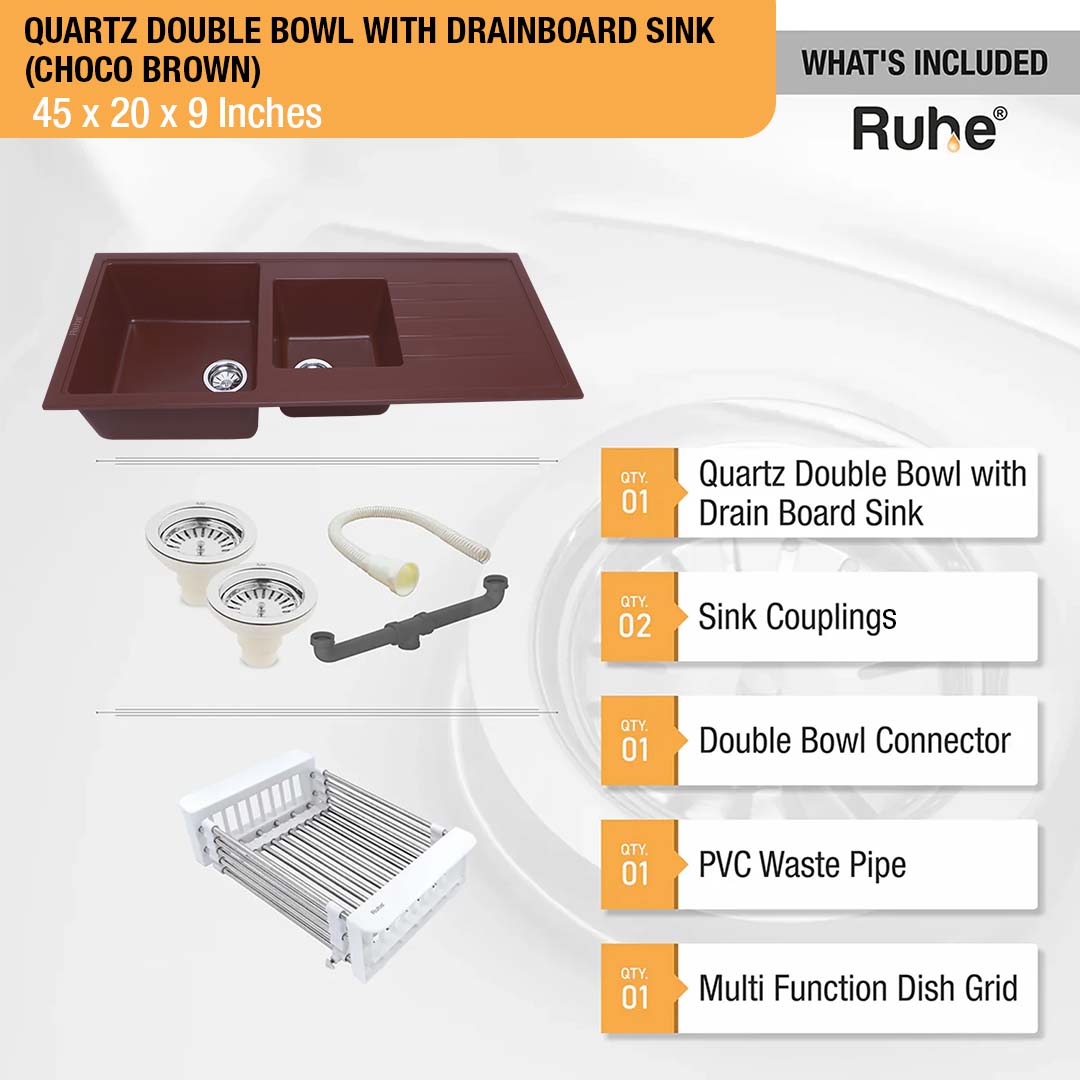 Choco Brown Quartz Double Bowl with Drainboard  Kitchen Sink (45 x 20 x 9 inches) - by Ruhe