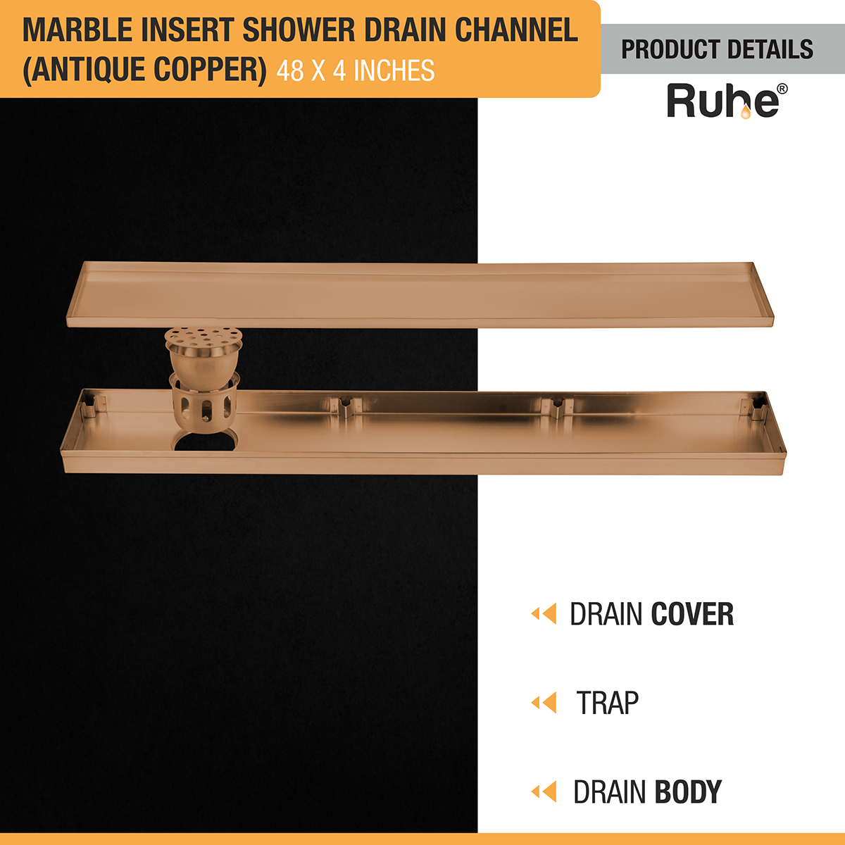 Marble Insert Shower Drain Channel (48 x 4 Inches) ROSE GOLD PVD Coated with drain cover, trap, and drain body