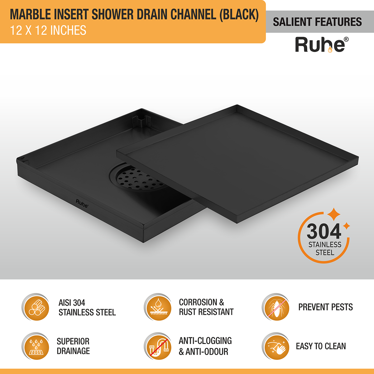 Marble Insert Shower Drain Channel (12 x 12 Inches) Black PVD Coated - by Ruhe®