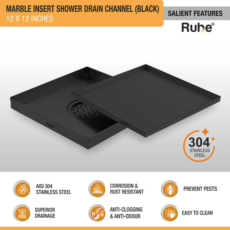 Marble Insert Shower Drain Channel (12 x 12 Inches) Black PVD Coated - by Ruhe