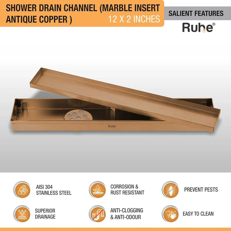 Marble Insert Shower Drain Channel (12 x 2 Inches) Antique Copper PVD Coated - by Ruhe