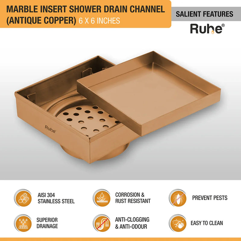 Marble Insert Shower Drain Channel (6 x 6 Inches) Antique Copper PVD Coated - by Ruhe