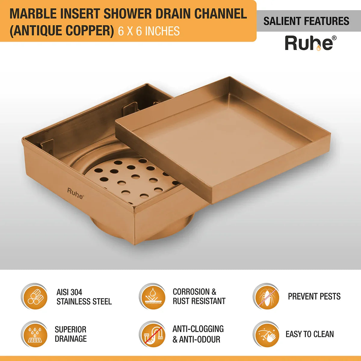 Marble-Insert Shower Drain Channel (6 x 6 Inches)