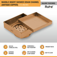 Marble-Insert 304-Grade Square Floor Drain with Cockroach Trap (6 x 6 Inches)